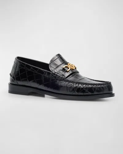 Versace Medusa Croc-effect Leather Loafers In Black