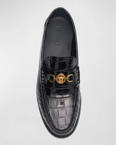 Versace Medusa Croc-effect Leather Loafers In Black