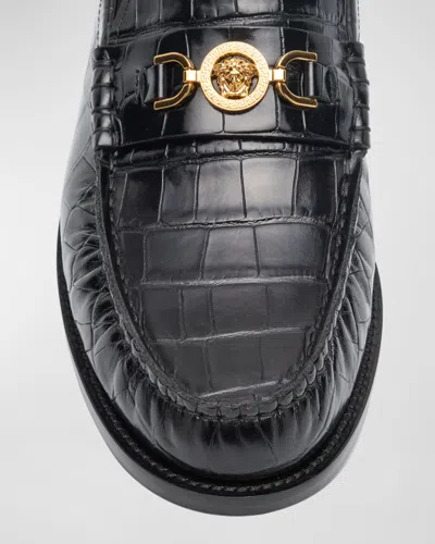 Versace Medusa Croc-effect Leather Loafers In Black