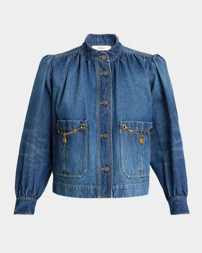 Chloé Blue Jacket With High Neck And Chain Detail On The Front In Denim Woman