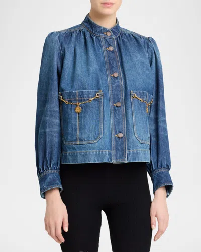 Chloé Blue Jacket With High Neck And Chain Detail On The Front In Denim Woman