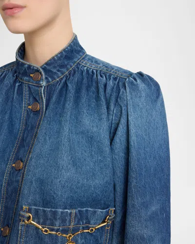 Chloé Blue Jacket With High Neck And Chain Detail On The Front In Denim Woman