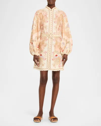 Zimmermann Daylight Multicolor Midi Dress With Long Puffed Sleeves And All-over Floral Print In Linen Woman In Yellow