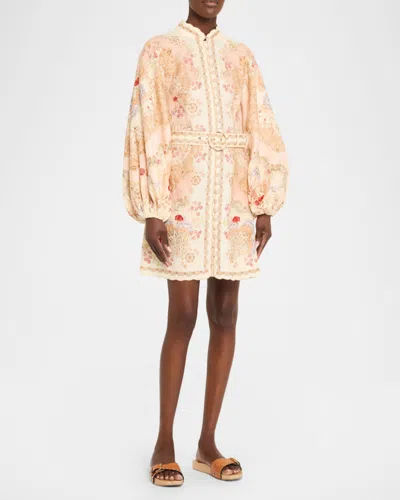 Zimmermann Daylight Multicolor Midi Dress With Long Puffed Sleeves And All-over Floral Print In Linen Woman In Yellow