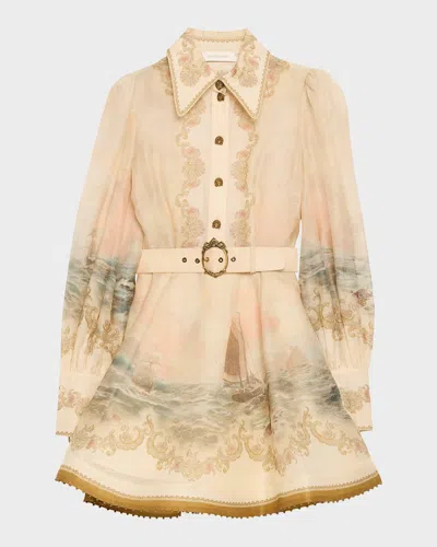 Zimmermann Womens Sunset Rebellion Marine Puffed-sleeves Linen And Silk Mini Dress Xs In Neutral