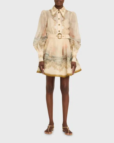Zimmermann Womens Sunset Rebellion Marine Puffed-sleeves Linen And Silk Mini Dress Xs In Neutral