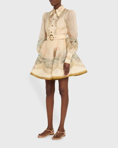 Zimmermann Womens Sunset Rebellion Marine Puffed-sleeves Linen And Silk Mini Dress Xs In Neutral