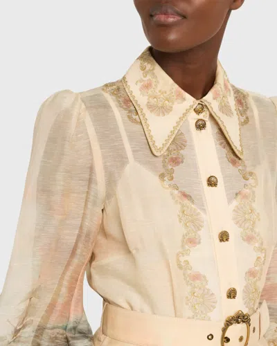 Zimmermann Womens Sunset Rebellion Marine Puffed-sleeves Linen And Silk Mini Dress Xs In Neutral