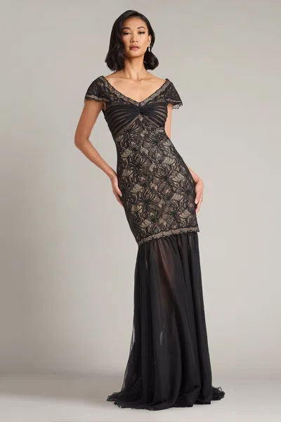 Tadashi Shoji Off The Shoulder Mixed Media Lace Gown In Black