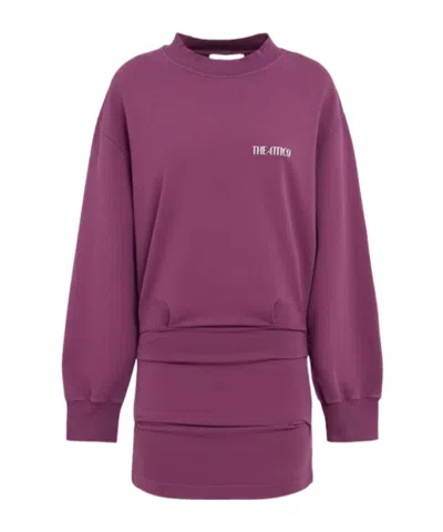 Attico Burgundy Draped Mini Dress With Long Sleeves In Purple