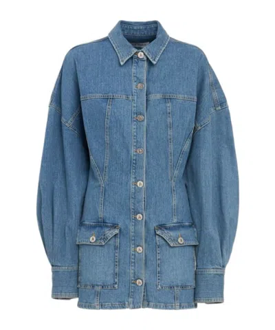 Attico Denim Mini Dress Front Pockets Long Sleeves In Blue