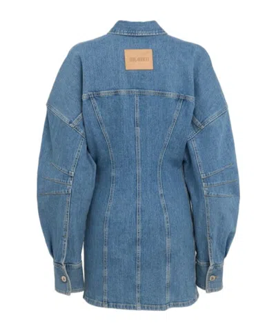 Attico Denim Mini Dress Front Pockets Long Sleeves In Blue