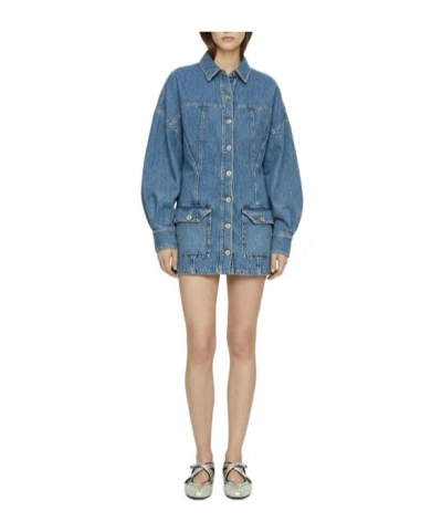Attico Denim Mini Dress Front Pockets Long Sleeves In Blue