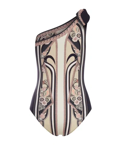 La Doublej One-shoulder Swimsuit With Ornamental Print In Neutral