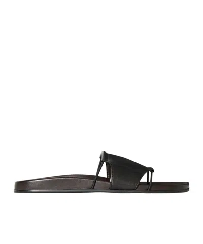 The Row Vivienne Leather Slippers Open Toe Flat Sole In Black