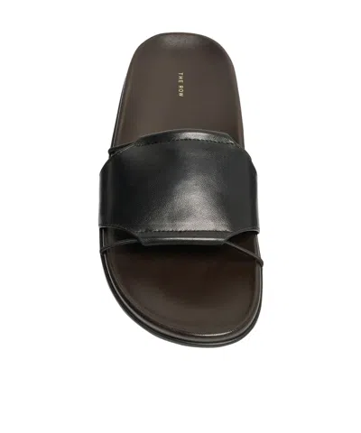 The Row Vivienne Leather Slippers Open Toe Flat Sole In Black