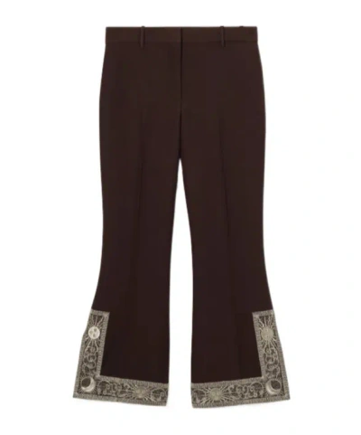 Burberry Cropped Embroidered Wool Silk Flared Trousers In Brown