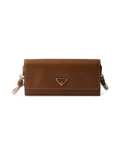Prada Leather Wallet With Shoulder Strap In Brown