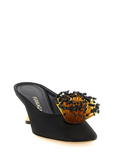Ferragamo Black Sandals With Low Heel And Crystal Embellishment On The Front In Fabric Woman