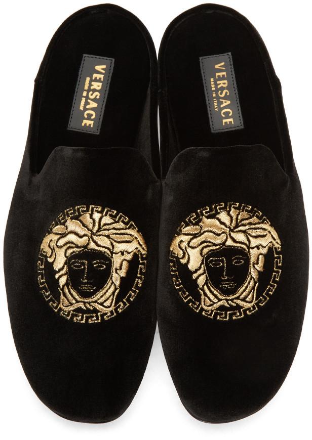 Versace Black Velvet Medusa Slipon Loafers In Black/gold ModeSens