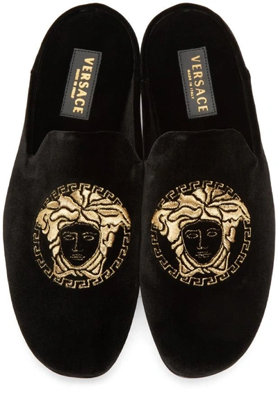 Shop Versace Black Velvet Medusa Slip-on Loafers
