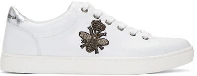 Shop Dolce & Gabbana White Embroidered Bee Crown Sneakers