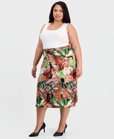 Kasper Plus Size Printed Pull-on Flare Midi Skirt In Multi