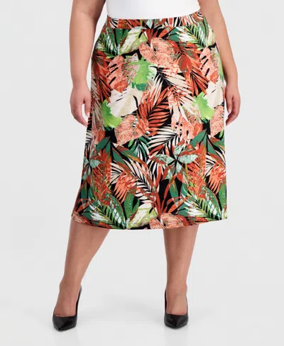 Kasper Plus Size Printed Pull-on Flare Midi Skirt In Multi