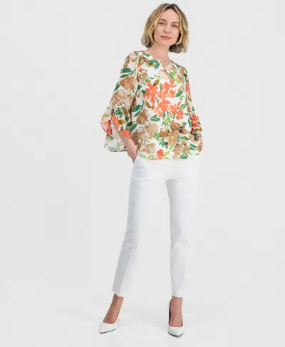 Kasper Petite Ruffle-sleeve Pull-on Woven Top In Multi