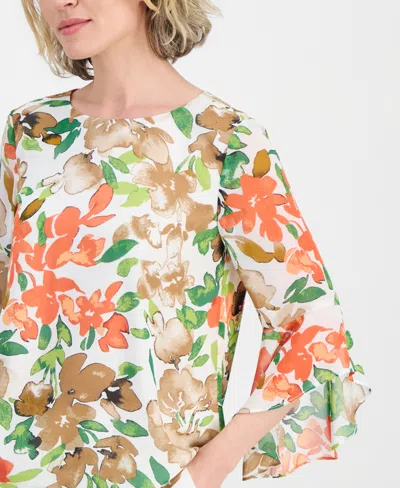 Kasper Petite Ruffle-sleeve Pull-on Woven Top In Multi