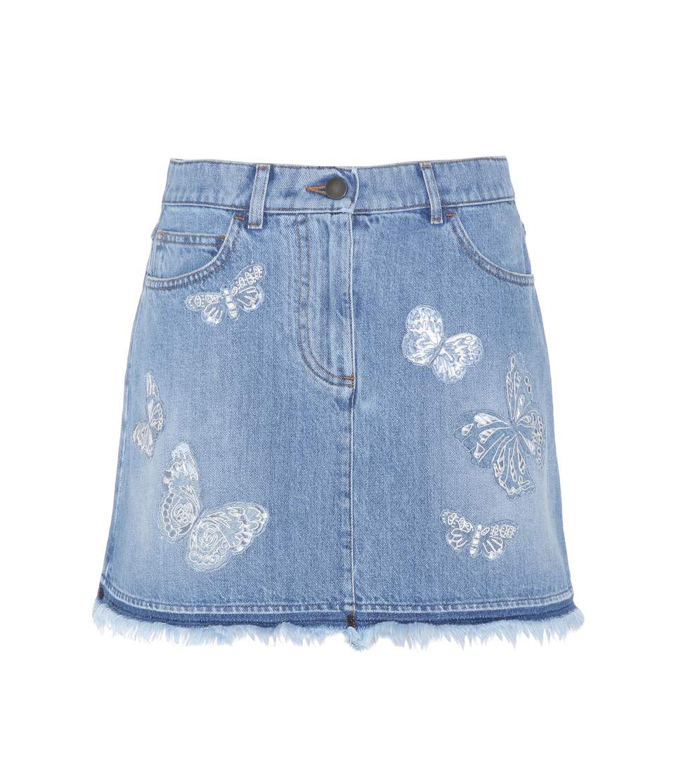 Valentino Butterfly-embroidered Denim Skirt, Light Blue In Lightblue | ModeSens
