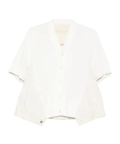 Sacai Womens Off White Knit-panel V-neck Cotton-blend Cardigan