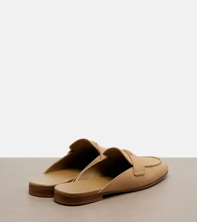 Prada Triangle Logo Suede Loafer Mules In Sand