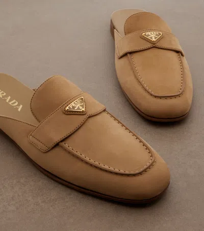 Prada Triangle Logo Suede Loafer Mules In Sand