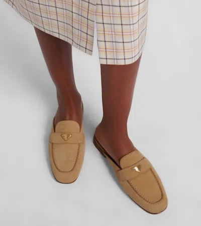 Prada Triangle Logo Suede Loafer Mules In Sand