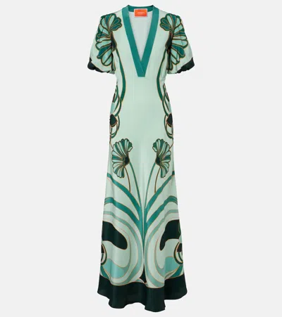 La Doublej Marlene Satin-trimmed Printed Silk-crepe Midi Dress In Green