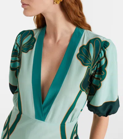 La Doublej Marlene Satin-trimmed Printed Silk-crepe Midi Dress In Green