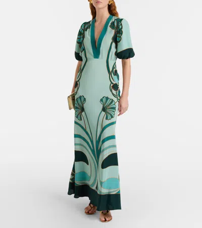 La Doublej Marlene Satin-trimmed Printed Silk-crepe Midi Dress In Green
