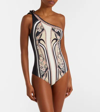 La Doublej One-shoulder Swimsuit With Ornamental Print In Neutral