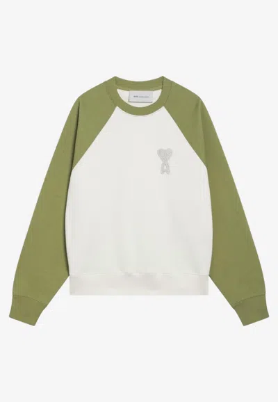 Ami Alexandre Mattiussi White And Green Cotton Knitted Ami De Coeur Sweatshirt White In Multi