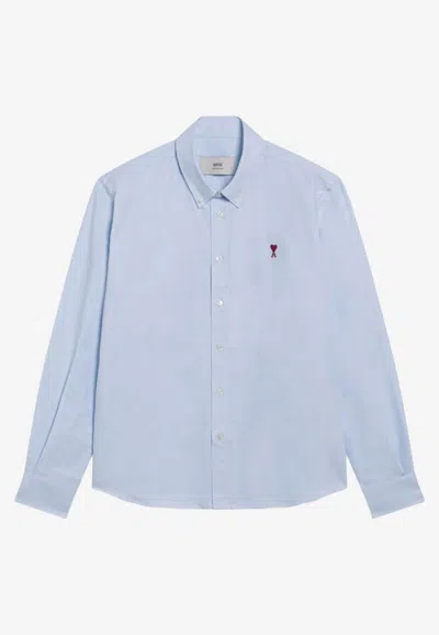 Ami Alexandre Mattiussi Adc Button-down Collar Logo-embroidered Striped Cotton Oxford Shirt In Blue