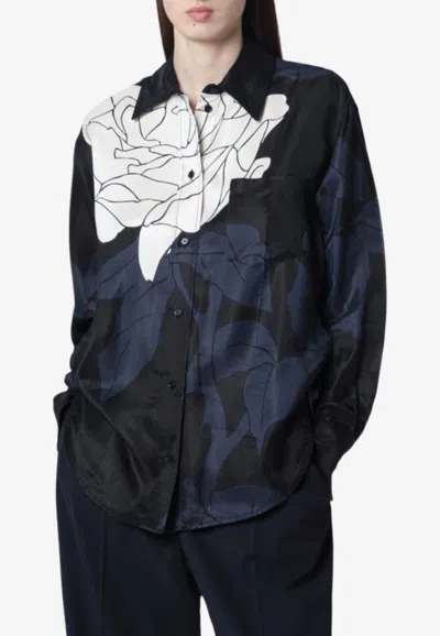 Victoria Beckham Floral Shirt Long Sleeves Collared Neck Pocket In Blue