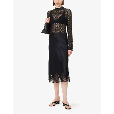 Reformation Carolina Lace Trim Silk Midi Skirt In Black