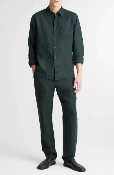 Vince Solid Linen Button Down Shirt In Green