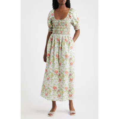 Hill House Home The Madeline Floral Smocked Puff Sleeve Cotton Maxi Dress In Multi
