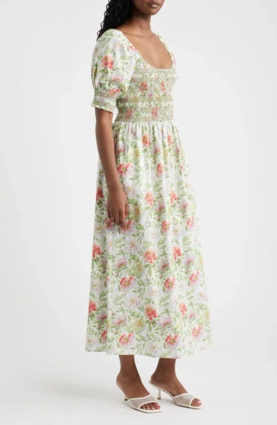 Hill House Home The Madeline Floral Smocked Puff Sleeve Cotton Maxi Dress In Multi