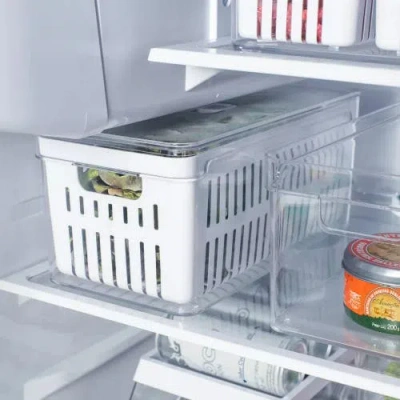 Ou Clear Stackable Fridge Organizer Bin With Drain Basket And Vented Lid, 4 Pack