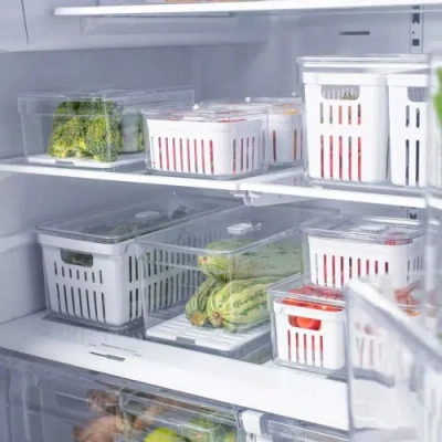 Ou Clear Stackable Fridge Organizer Bin With Drain Basket And Vented Lid, 2 Pack