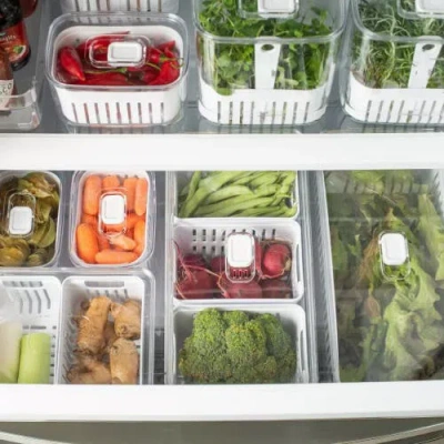 Ou Clear Stackable Fridge Organizer Bin With Drain Basket And Vented Lid, 2 Pack