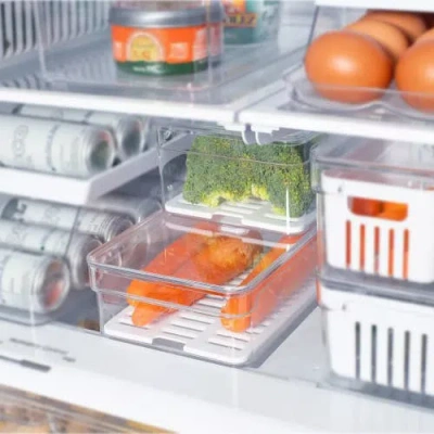 Ou Clear Stackable Fridge Organizer Bin With Drain Tray And Vented Lid, 4 Pack